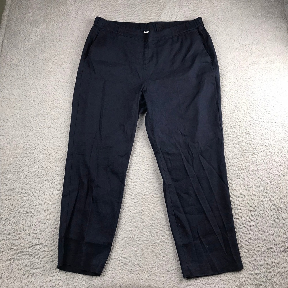 J Jill Pants Women L (35x25) Navy Linen Stretch Elastic Waist Straight Pull On